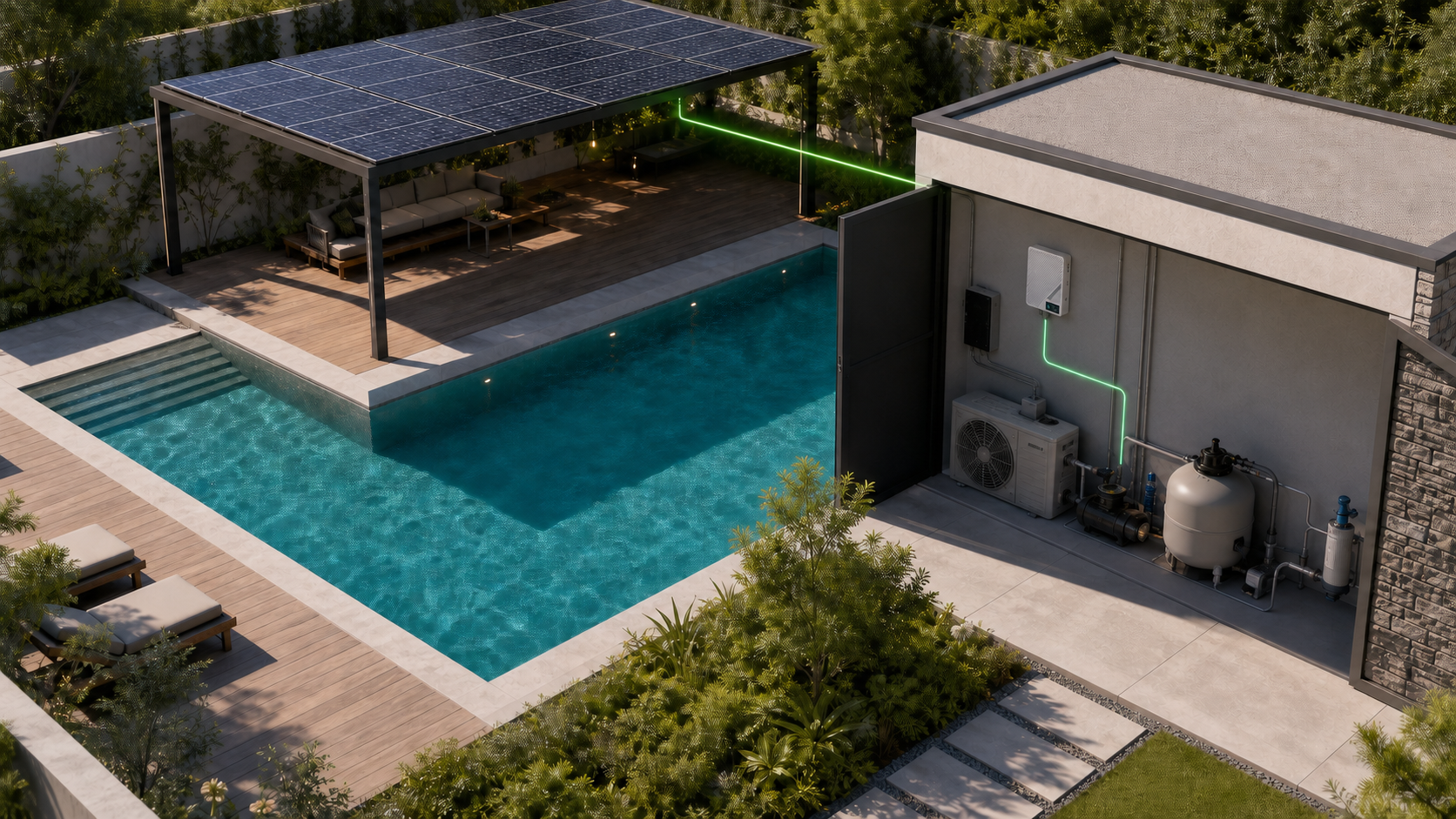 Modern residential pool with a solar canopy, HS3000, and coordinated pool equipment on a clear day