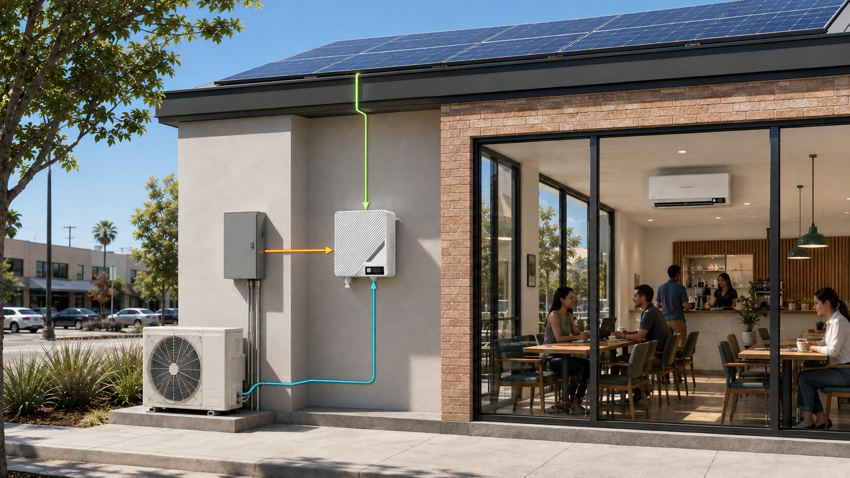 Rooftop solar driving commercial-space air conditioning through Eternal HS3000 on a hot, clear day