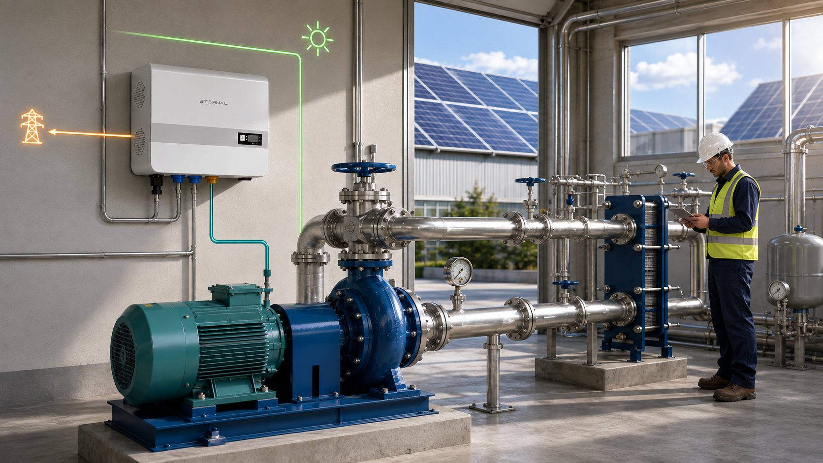 Circulation pumps, closed-loop piping, technicians, solar panels, and an Eternal TS6000 in a bright industrial pump room