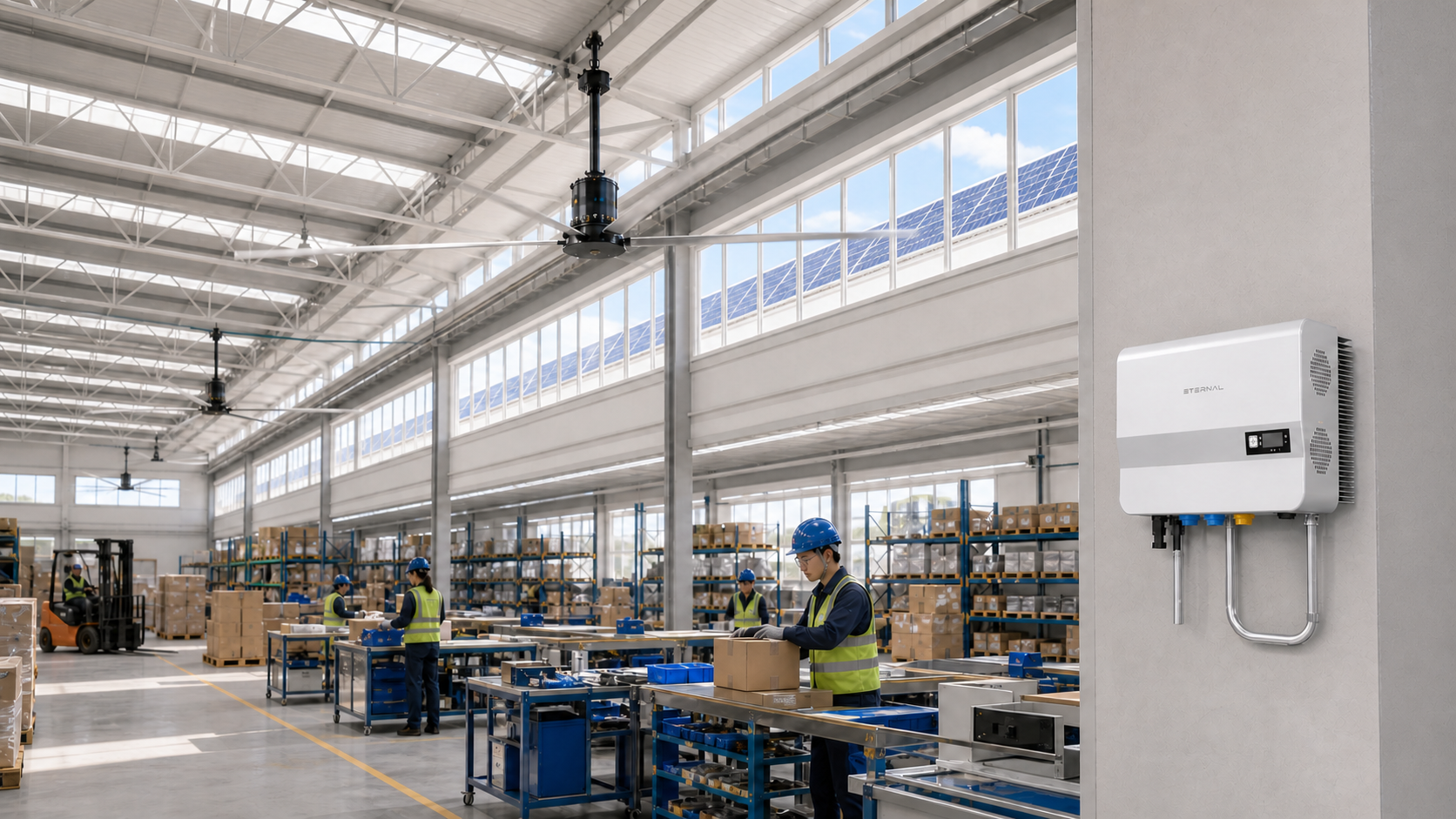 Multiple HVLS ceiling fans operating in a bright industrial facility with rooftop solar and a wall-mounted Eternal TS6000