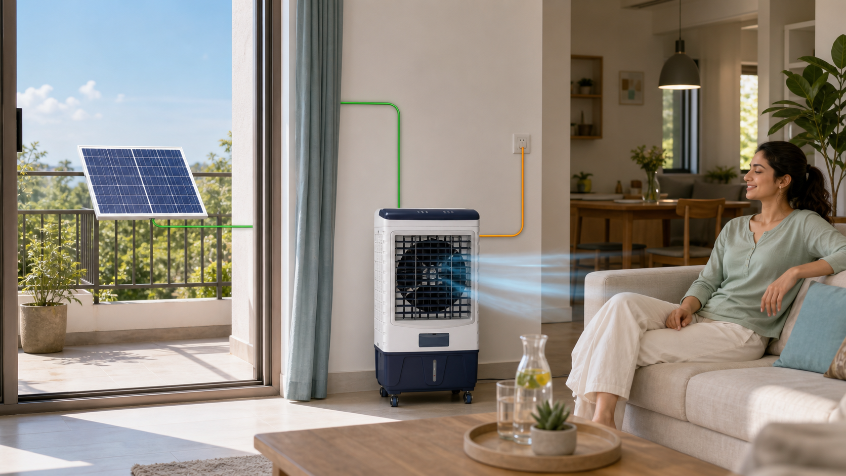 A single balcony solar panel drives an air cooler with a built-in HS500 first while the grid supplies only the remaining power