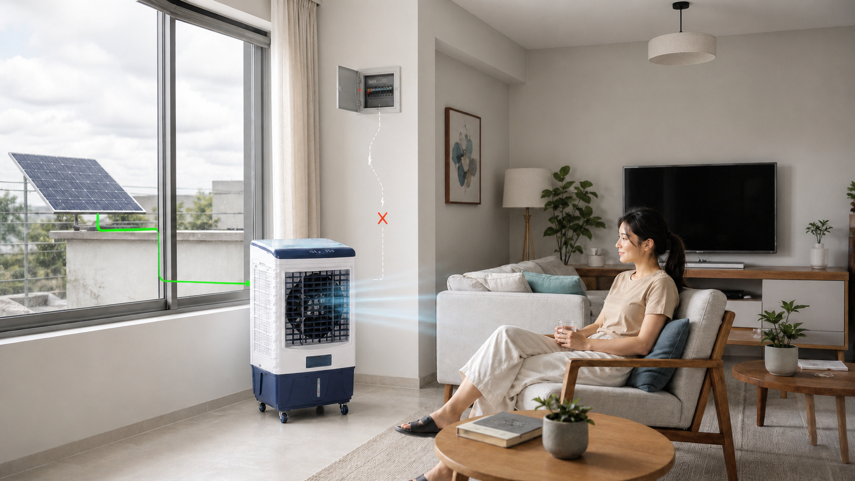 In bright overcast daylight with the grid line disconnected, solar continues driving the air cooler to maintain basic airflow