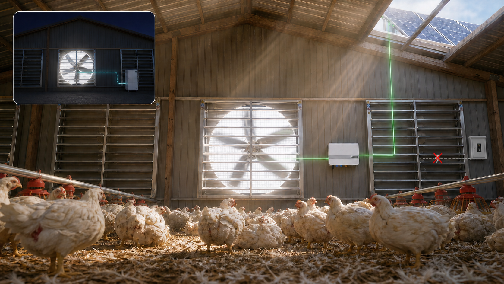 With the grid line visibly interrupted, daytime solar continues driving critical fans while optional storage supports short nighttime emergencies