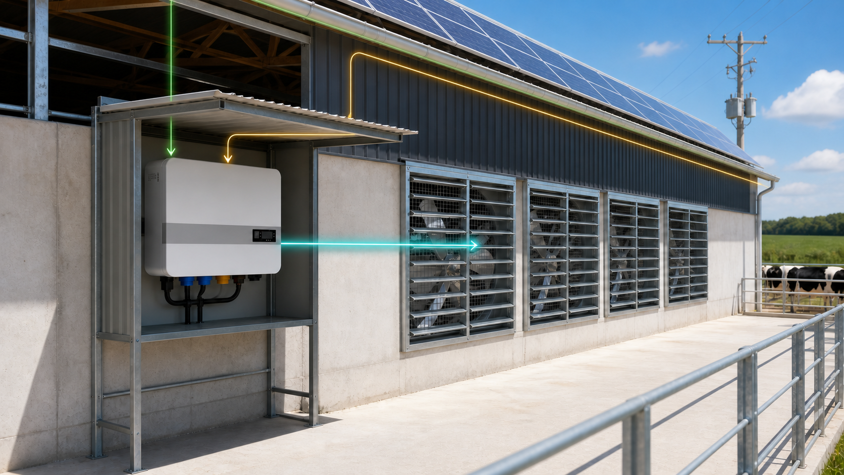 Solar and grid power combine at the controller input while the output independently feeds the fan load without exporting to the public grid
